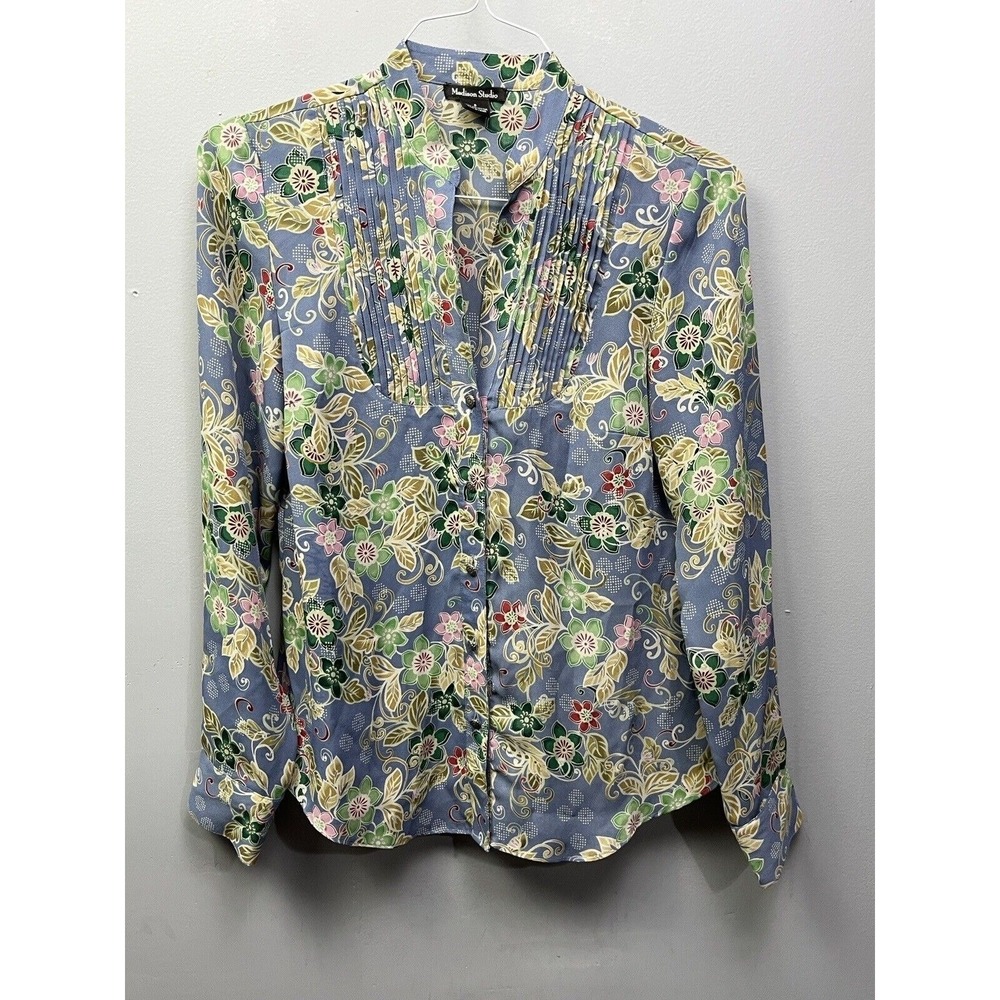 Madison Studio Blouse Womens 8 Blue Floral Pintuck Pleated Button Up Long Sleeve